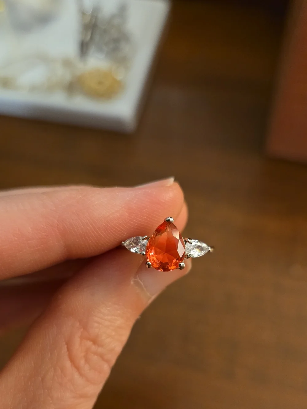 Elegant Teardrop Pink Gemstone Ring with Side Accents